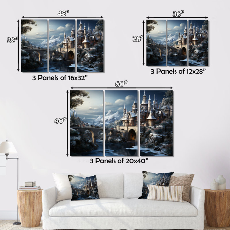 Château d'hiver sur toile, reproduction de 3 pièces, H 28 po x l 36 po x P 1 po