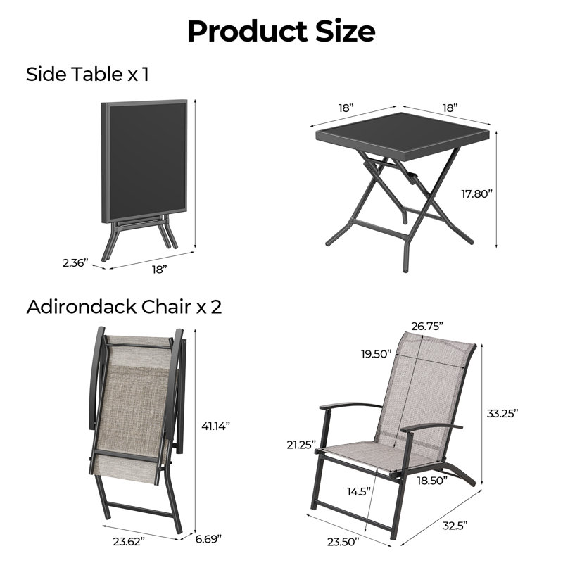 Ensemble de patio pliant entièrement assemblé avec table 3 pièces Stefone