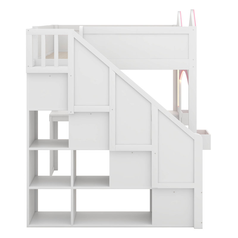 Lit mezzanine de style princesse avec bureau d'étude réglable, escalier de rangement, éclairage à DEL et tablettes décoratives - lit double en bois