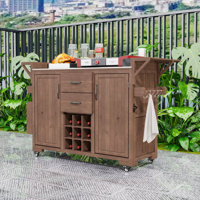 60" Outdoor Kitchen Cart with Stainless Steel Top, Lockable Wheels, 2 Drawers and Wine & Spice Racks
