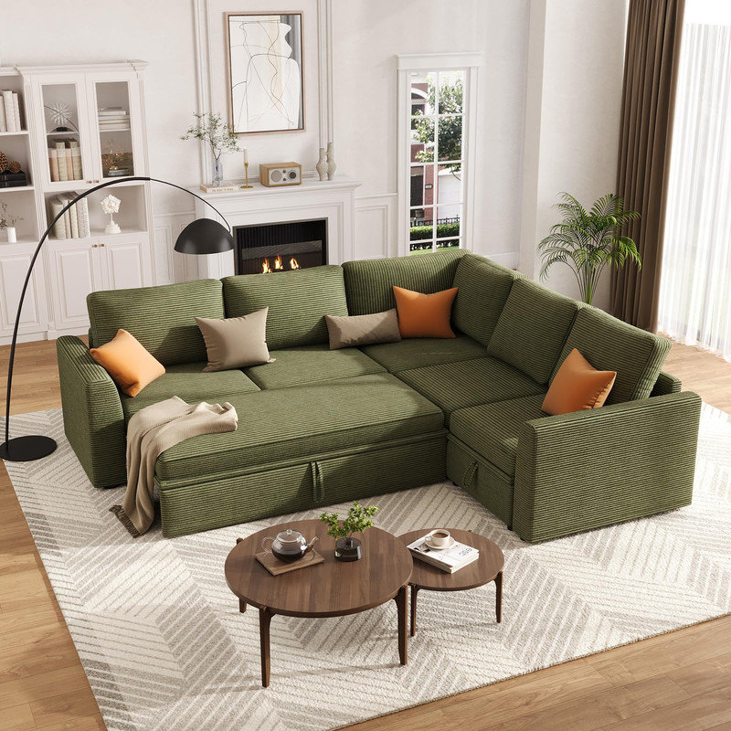 Canapé-lit modulaire en velours côtelé avec lit escamotable et rangement Corduroy, vert, Vert