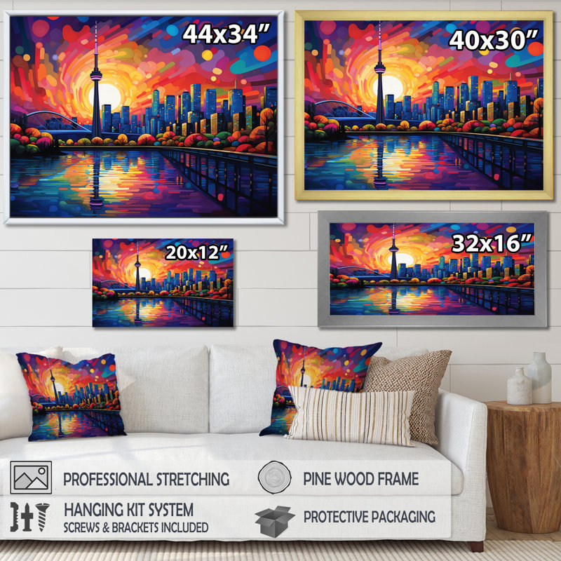 Pop Art Toronto Cityscape I sur impression sur toile, Cadre photo noir, H 12 po x l 20 po x P 1 po