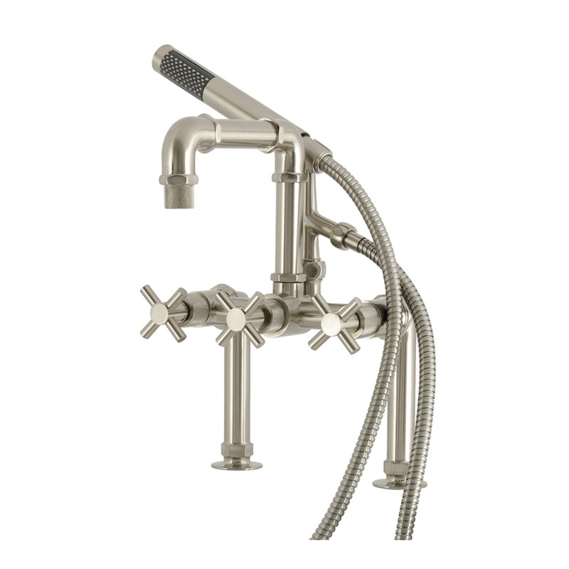 Kingston Brass Concord Three-Handle 2-Hole Deck-Mount Clawfoot Tub Faucet With Hand Shower, Brushed Nickel