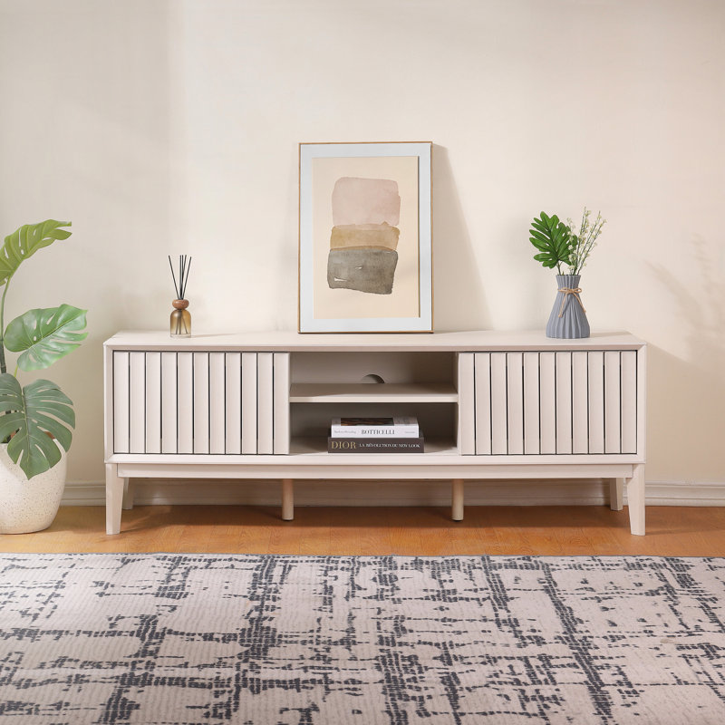 Gennaro 58" Mid-Century Off-White TV Stand Media Console with Slatted Sliding Doors, Adjustable Open Shelving, and a Smooth Matte Finish