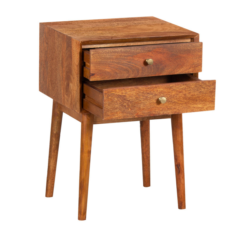 Nali Bedside Nightstand Table, 2 Drawers, Sandblasted Mango Wood, Brass Knobs, Natural Brown 