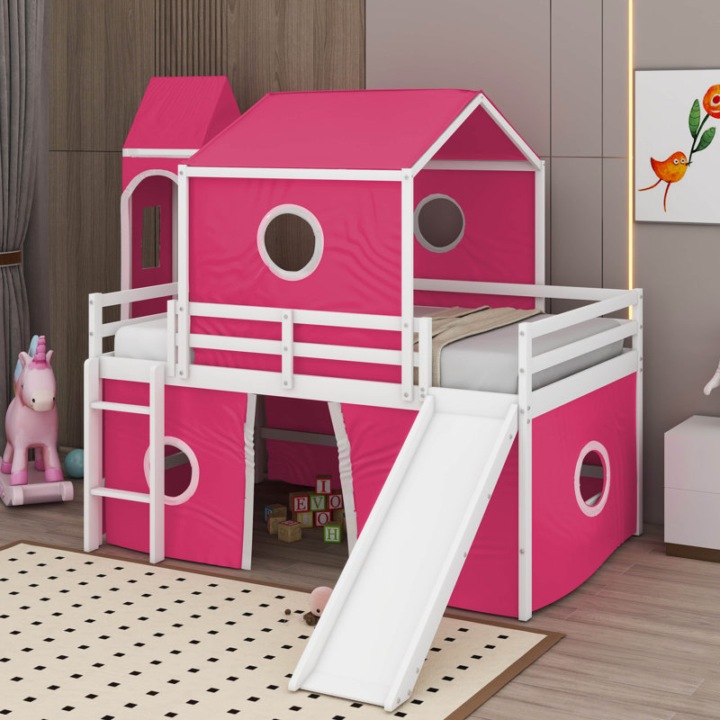 Lit mezzanine double avec tente, Rose