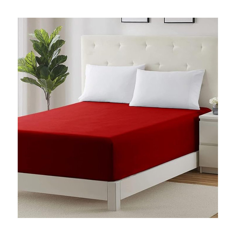 Parizoda Plain Fitted Sheet Extra Deep Pocket 30Cm , Elastic Pocket Breathable, Red, Double (4'6)