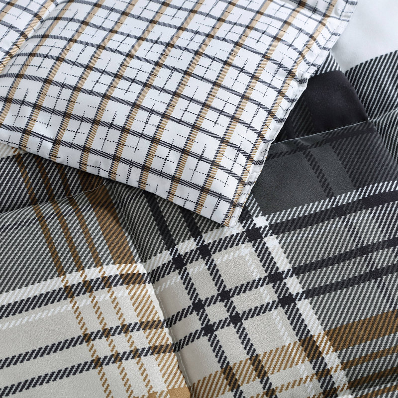 Twin Black and Tan Plaid Reversible Comforter Set