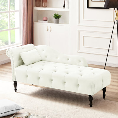 White Velvet Chaise Lounge With Stable Solid Wood Legs, Nailhead Trim & Pillow - Ensures A Relaxing Experience In Soft Pillow, Buttons, Legs Offers Comfort