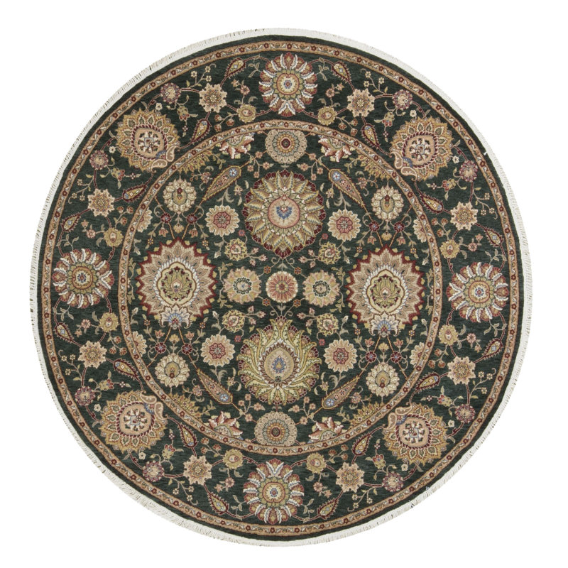 Hand-Knotted High-Quality Dark Green Round Area Rug