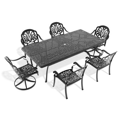 9 tables de salle à manger en fonte d'aluminium - toutes saisons, 2 chaises pivotantes, 6 tables rectangulaires avec cadre noir, une assise confortable et toutes les caractéristiques de la structure, un siège ergonomique et un design