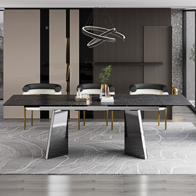 Table de salle à manger extensible de 63 à 94,5 po Glam Modern avec plateau en pierre frittée et base en acier