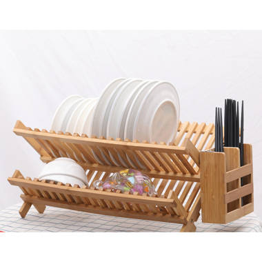  HBlife Dish Rack, Bamboo Folding 2-Tier Collapsible Drainer  Dish Drying Rack with Utensils Flatware Holder Set (Dish Rack with Utensil  Holder)