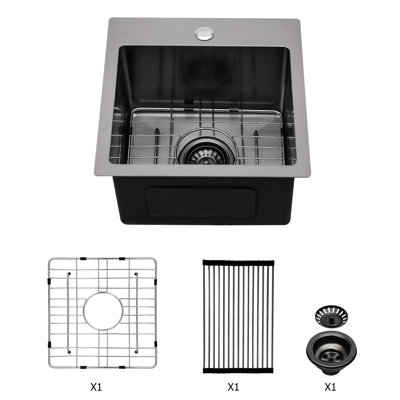 Évier de cuisine à simple cuve encastrable noir de 15 pouces en acier inoxydable de calibre 16 T304, feuille de lotus en forme de X, coin R10 pour plus d'espace, condensation