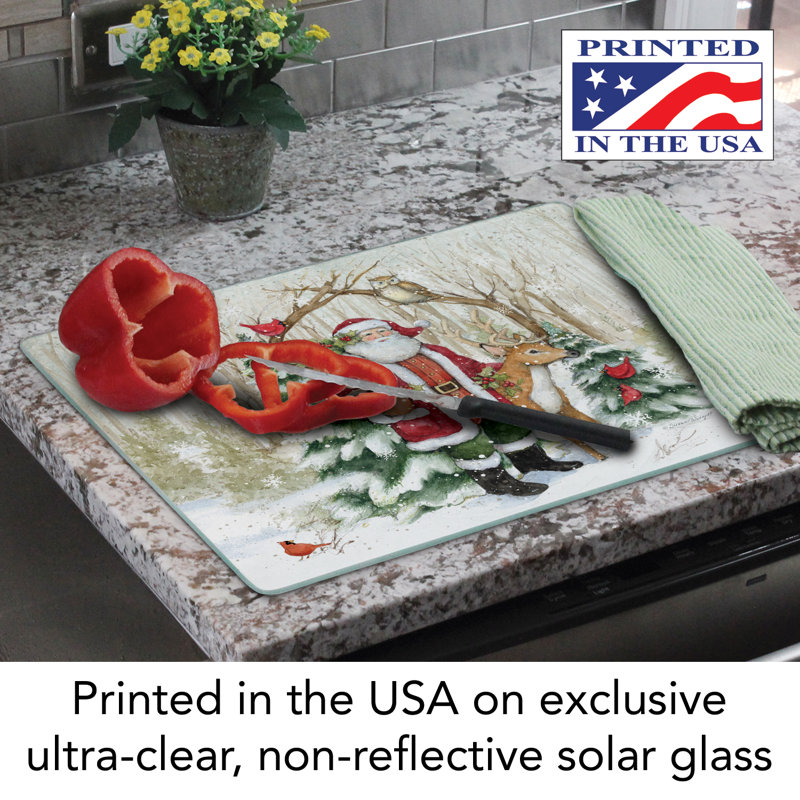 Winter Forest Santa Rectangular Tempered Glass Cutting Board