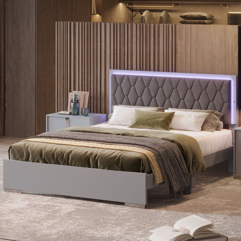 Queen Size Upholstered Bed With LED Light,Modern Platform Bed With With Velvet Headboard,White, Gris