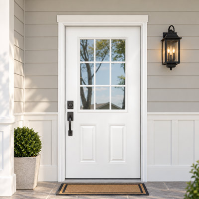 36 in. x 80 in. Fiberglass Entry Door with 9-Lite Half Frosted Glass, 2-Panel Bottom and Unassembled Frame Kit, White Finish