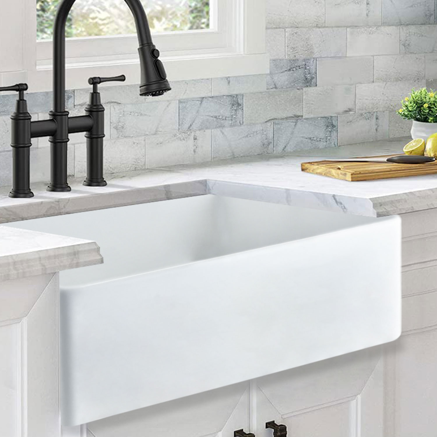 DeerValley White Fireclay 33 in. Single Bowl Farmhouse Apron Workstation Kitchen Sink with Accessories