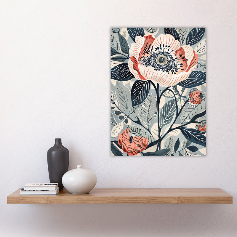 Blooming Peonies Blue Floral Design Wall Art Print