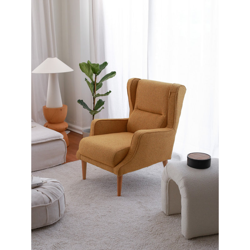 Fauteuil à oreilles de haute qualité, tissu de peluche moutarde, 30,7 x 37,0 x 27,6 pouces | Structure 100% bois, hauteur de l'assise: 16,9 po, hauteur des pieds: 6,7 po | Parfait pour le salon, design élégant et confortable