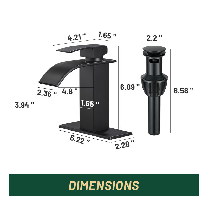 Single Handle Single Hole Waterfall Bathroom Sink Faucet with Deck Plate and Pop-Up Drain Assembly, Matte Black
