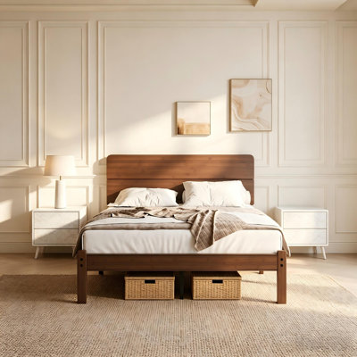 Cadre de lit Queen de 35,5 cm (14 po), lit plateforme en bambou avec lattes métalliques et tête de lit style ferme, aucun sommier requis, montage facile