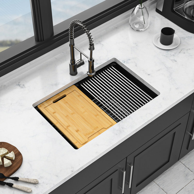 Évier de cuisine 28 pouces par 19 comptoir en quartz noir, matériau haut de gamme, surface lisse, élimine les vibrations, avec grille de séchage et grille inférieure noire, composite de 28 po x 19 po