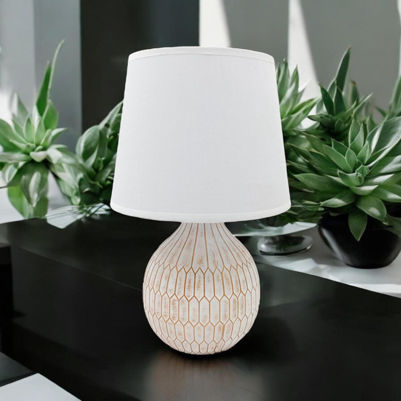 Cream Ceramic Table Lamp – Textured Base with Fabric Shade, Warm Ambient Light Perfect for Bedroom or Living Room