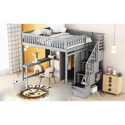 Lit mezzanine de taille grise avec bibliothèque, tiroirs, bureau et garde-robe. Fabriqué en bois massif pour plus de durabilité. Maisonnette de jeu inspirée de la maisonnette. Pour plus de 6 ans. Sommier tapissier non requis