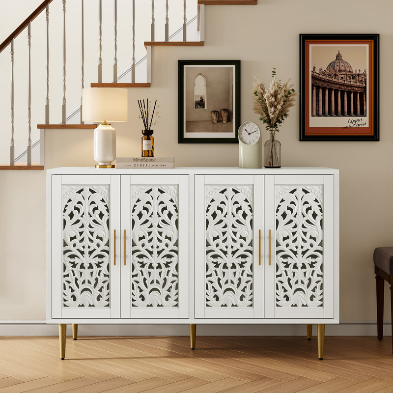 Buffet 48 po à portes creuses sculptées, armoire de rangement moderne avec 4 portes, armoire d'appoint pour le salon, la salle à manger et la cuisine