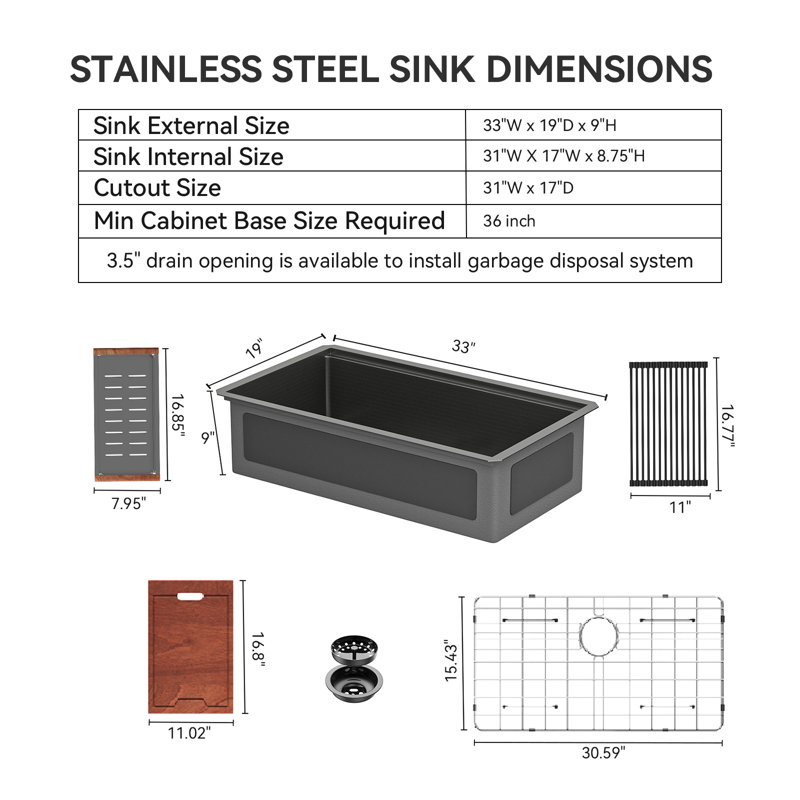 33x19 Undermount Honeycomb Emboss Workstation Sink Dimension Diagram