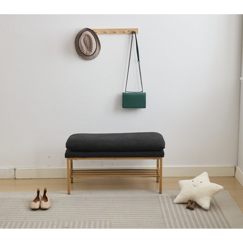 End Of Bed Bench With Shelf, Linen Upholstered Storage Shoe Bench, Modern Bedroom Bench With Metal Legs For Living Room, Entryway, Dining Room, 300 LB, Linen Color(Black), Shoe Storage