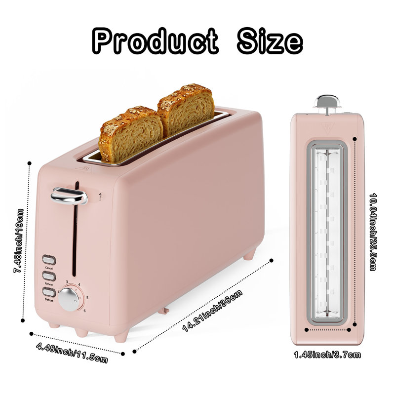 2 Slice Stainless Steel Long Slot Toaster, 6 Shade Settings, 10" Slot For Bagels & Bread, Defrost Cancel Function, Removable Crumb Tray,Pink