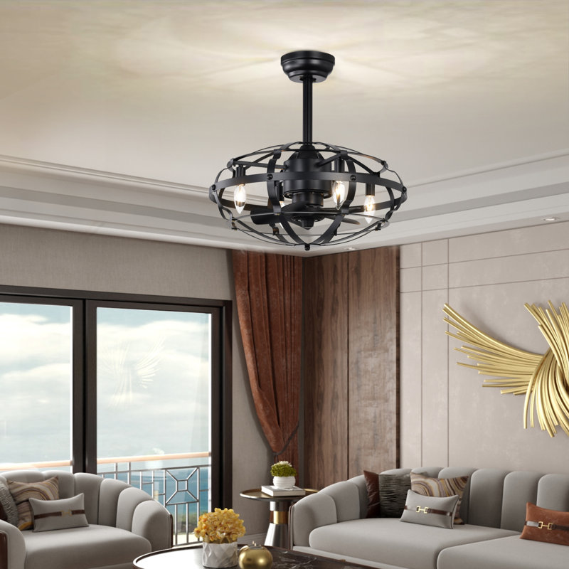 Hot Sell Industrial Ceiling Fan Light Kit For Living Room Bedroom Kitchen And Bladeless Caged Ceiling Fan With Lights, Black