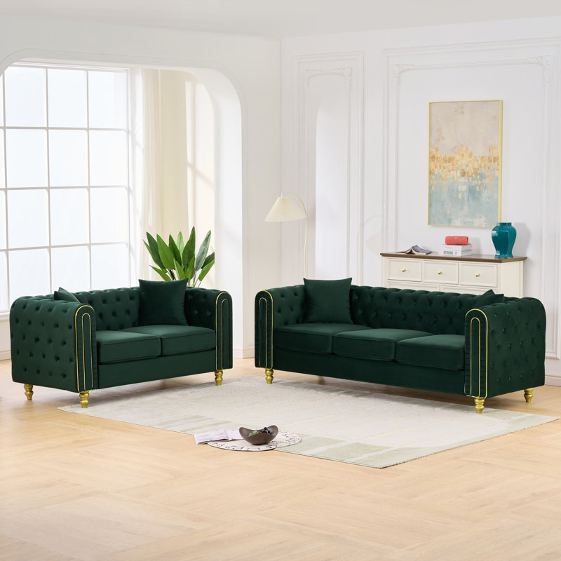 Ensemble de canapés modernes en velours vert Chesterfield 3 et 2 places pour la maison