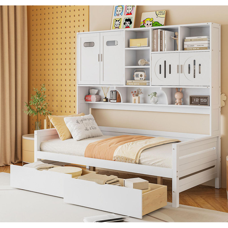Lit de jour simple en bois avec 2 tiroirs, armoire et tablette tout-en-un, blanc