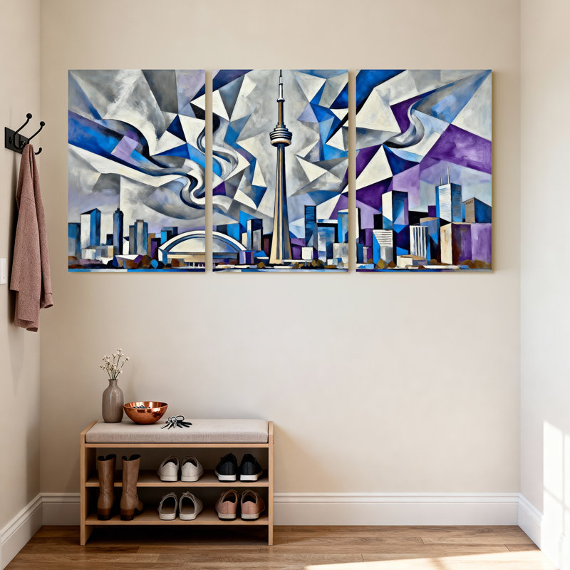 Ensemble de 3 reproductions d'art sur toiles abstraites avec formes géométriques et reflets, "Cités et pays"