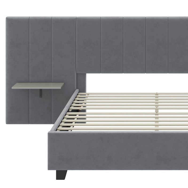 Lit plateforme tapissier avec grande tête de lit, Grand lit, Gris