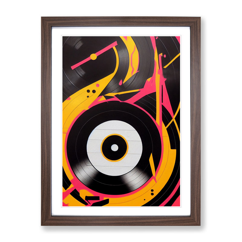 XV1022-5039X Vinyl Record Player Abstract - Wall Art, Walnut Framed Paper, White, 64cm H x 46cm W x 2cm D