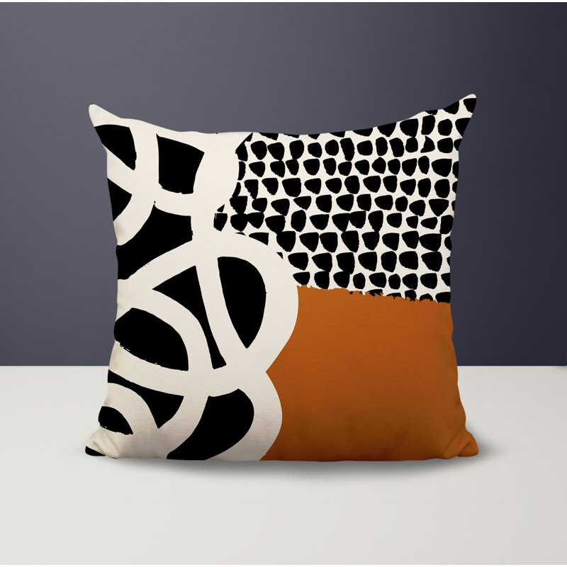 Oreiller carré réversible intérieur / extérieur Deo, H 15 po x l 15 po, Orange brûlé / noir / blanc cassé abstrait