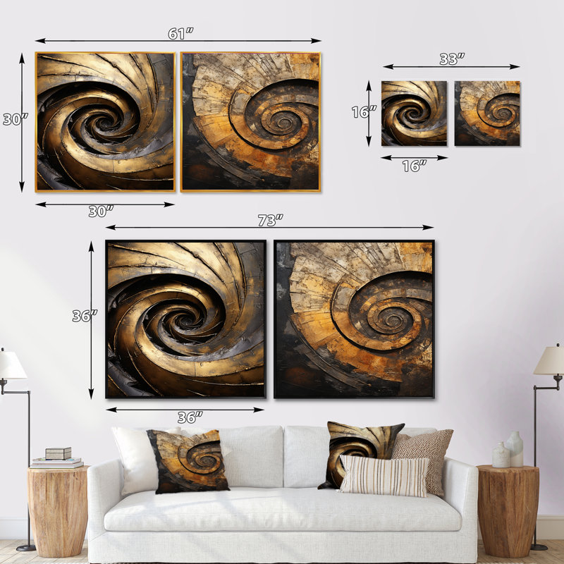 Doré noir intemporel - ensemble de 2 collages carrés abstraits en spirale, Cadre flottant noir, H 16 po x l 33 po