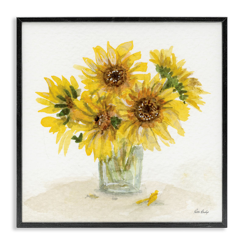 Vase dépliant Tournesols, estampe numérique, design par Patti Bishop, H 17 po x l 17 po, Giclée encadrée noir minuit