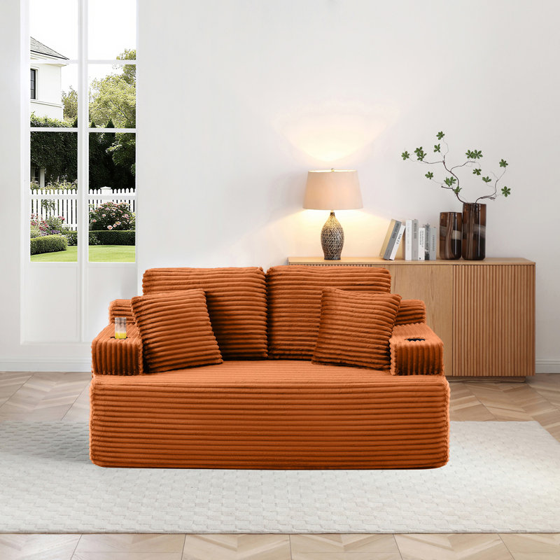 Canapé 66,5 po sans canapé avec 2 coussins supplémentaires, velours côtelé 2 places avec porte-gobelet et pochette latérale