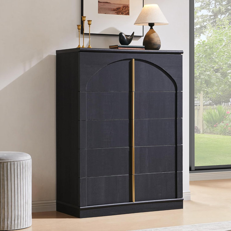 Commode 5 tiroirs pour chambre à coucher avec panneau arqué Modern, Noir