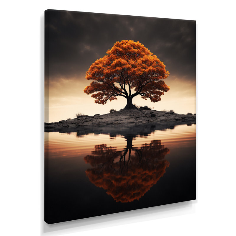 Arbre de sagesse d'automne au milieu du lac - Art mural chêne, Toile tendue, H 20 po x l 12 po x P 1 po