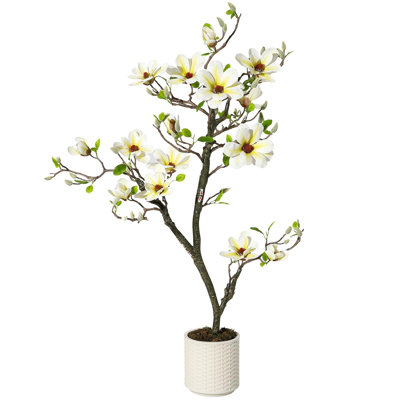 Plantes de magnolia artificielles d'intérieur avec pot de fleurs blanc, plantes de magnolia avec fausses feuilles et fleurs vertes, faux arbre convenant au salon, au bureau et à la maison