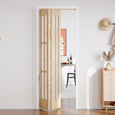 Unfinished Solid Wood Glass Bi-Fold Door With Installation Hardware Kit
