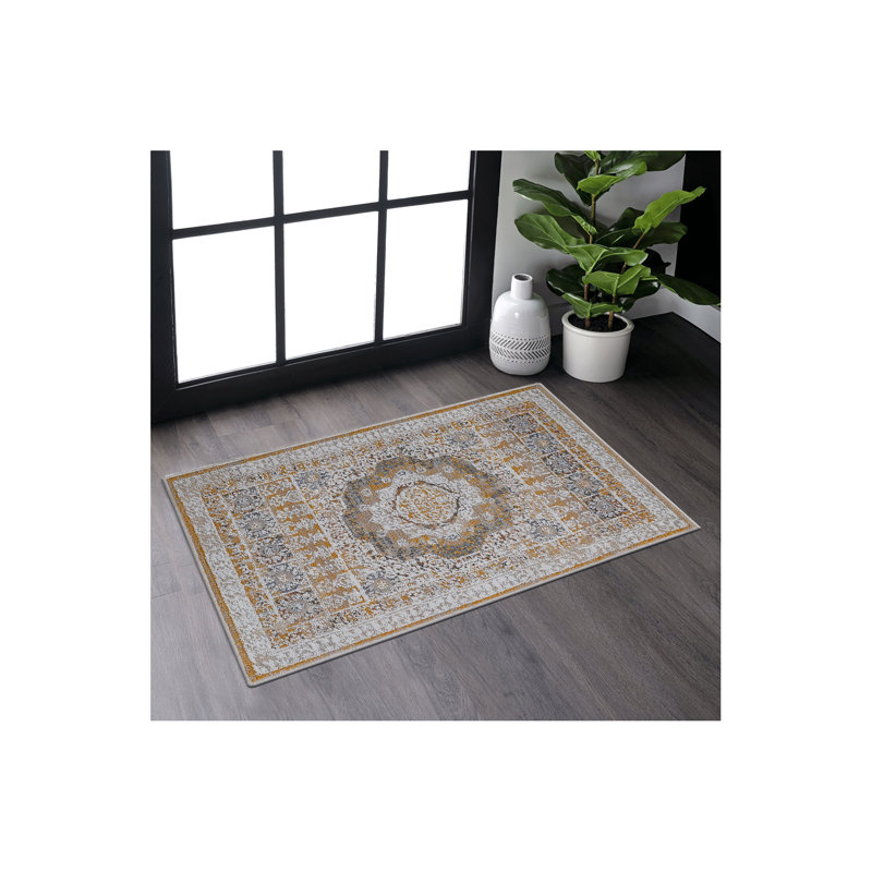 Collection 2X3 Medallion Doormat Rug, Yellow, Rectangle 2' x 3'