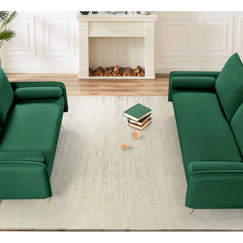 Ensemble de canapés en velours 2 pièces avec pieds en métal doré, 77" W, Green Polyester