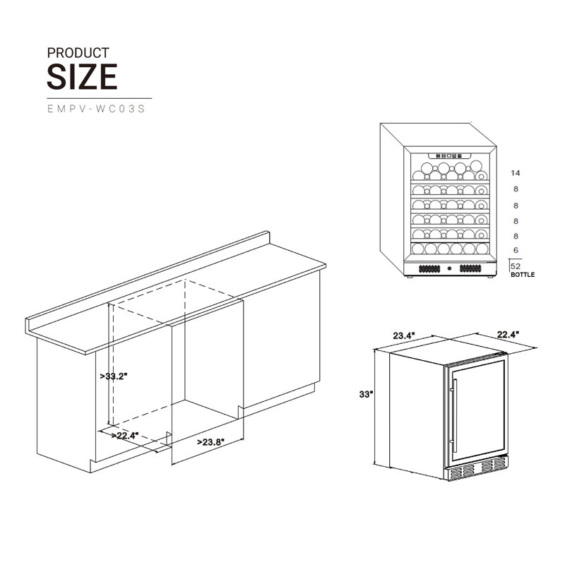 Built-in Refrigeration 23.4'' 52 Bottle Wine Cooler Refrigerator Single Zone Wine Fridge